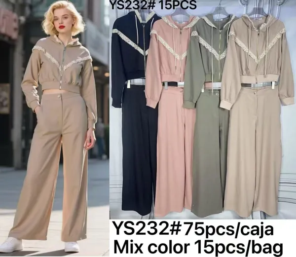 Conjunto de Sudadera con Capucha y Pantalón Ancho con Encaje-YS232
