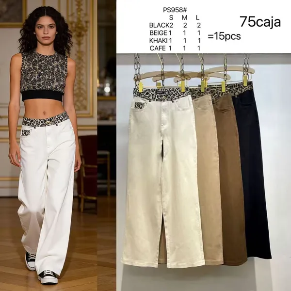 Jeans de pierna ancha con detalles de leopardo-PS958