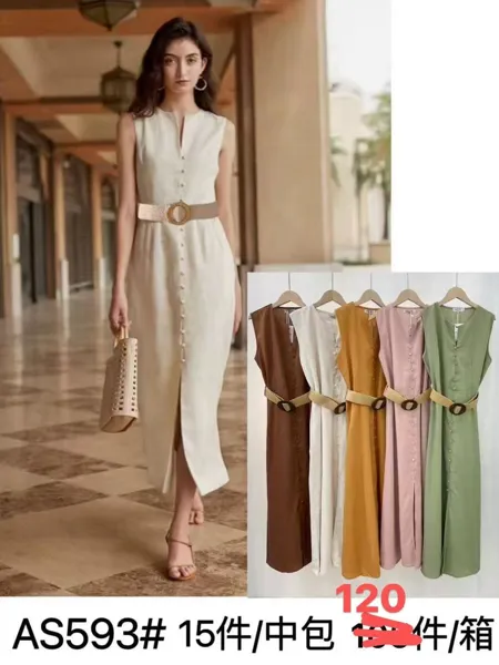 Vestido midi con botones y cinturón-AS593