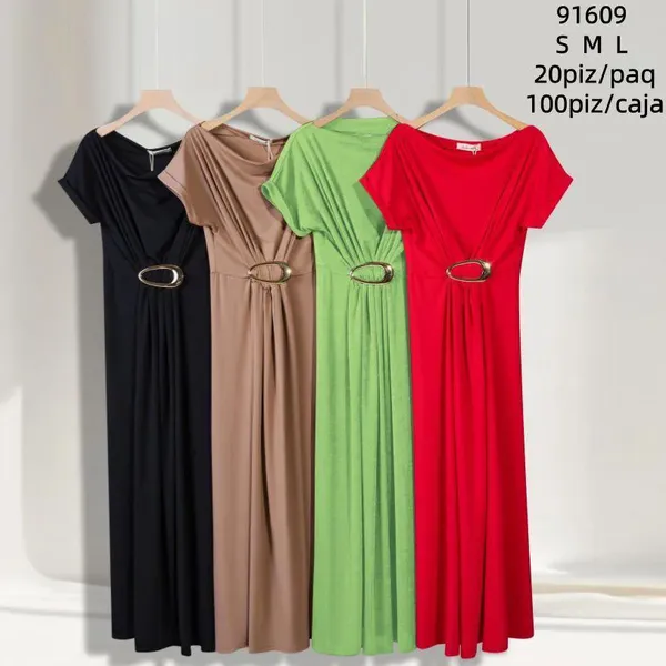 Vestido largo con cinturón y hebilla-91609