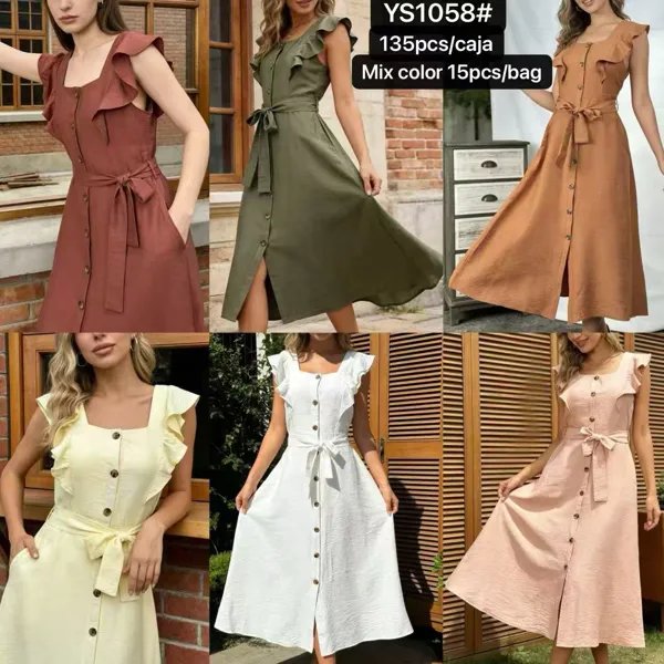 Vestido camisero con botones y mangas con volantes-YS1058