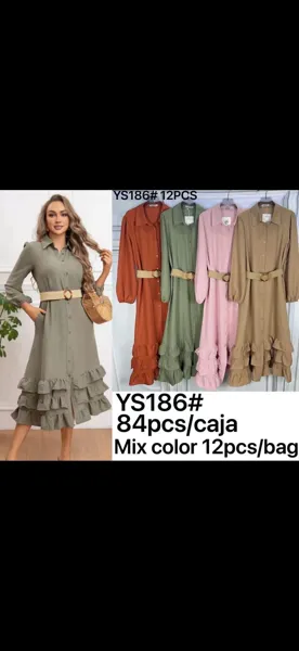 Vestido camisero de manga larga con olanes y cinturón-YS186