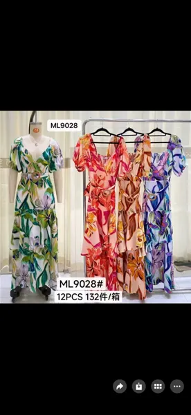Vestido floral largo con cinturón y mangas cortas-ML9028