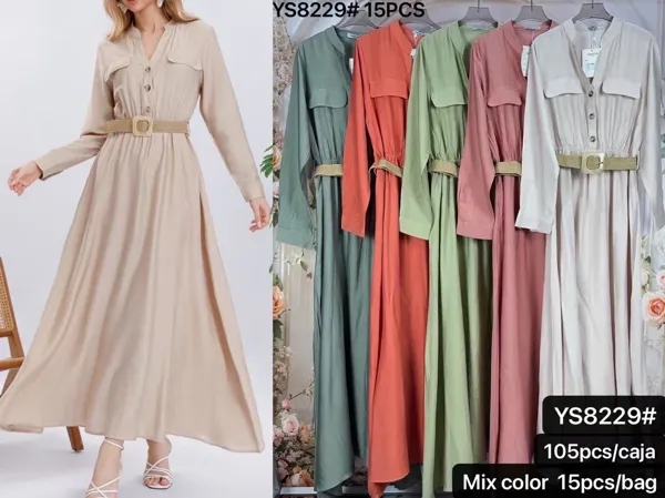 Vestido largo tipo camisa con cinturón-YS8229