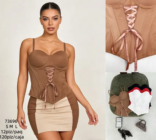 Vestido corto tipo corsé con falda a contraste-73696
