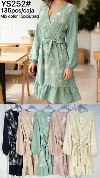 Vestido cruzado con bordado floral y manga larga-YS252