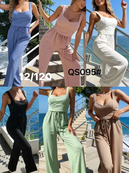 Conjunto de dos piezas de top de tirantes y pantalón de pierna ancha-QS095