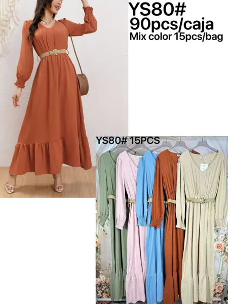 Vestido largo de manga larga con cuello en V y cinturón-YS80