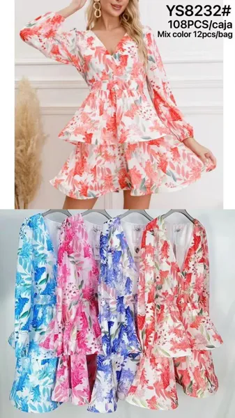 Vestido floral de manga larga con volantes-YS8232
