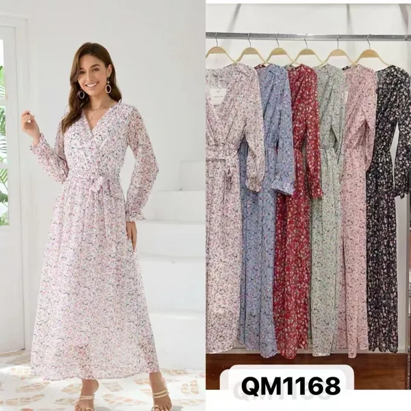 Vestido largo floral con cuello en V y manga larga-QM1168