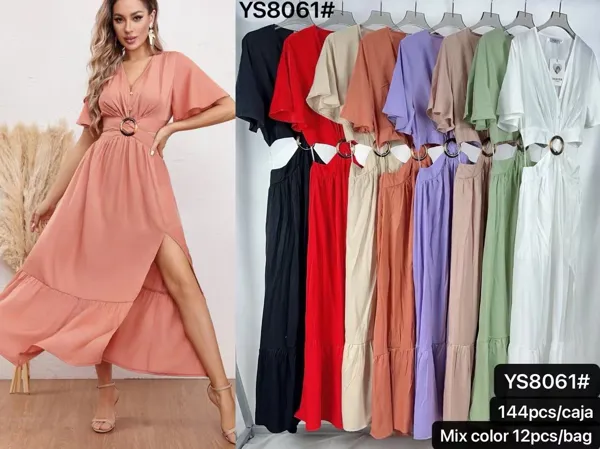 Vestido maxi con escote en V, aberturas laterales y detalle de cinturón-YS8061