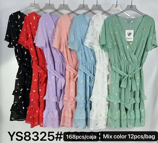Vestido largo con estampado de lámina dorada y cuello en V-YS8325#