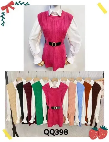 Camisa blanca con chaleco tejido rosa y cinturón negro, modelo QQ398