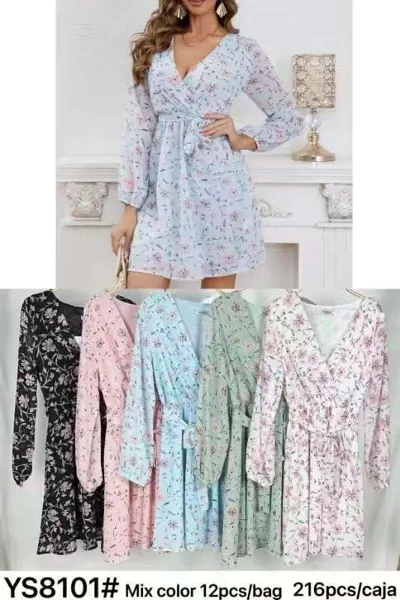 Vestido floral de manga larga con cuello en V-YS8101