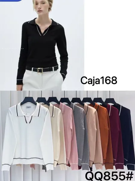 Suéter de manga larga con cuello tipo polo-QQ855