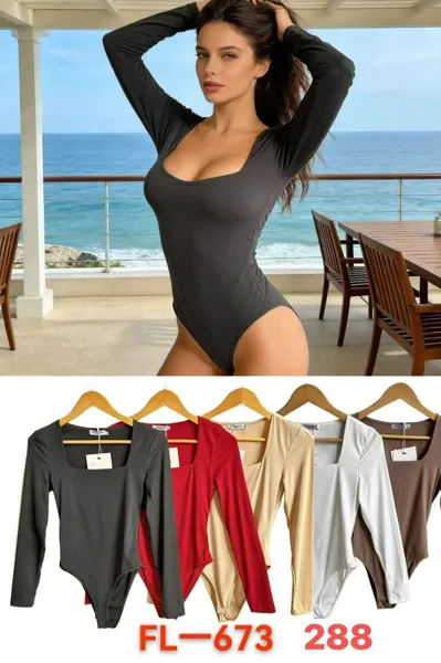 Body de manga larga con cuello cuadrado-FL-673