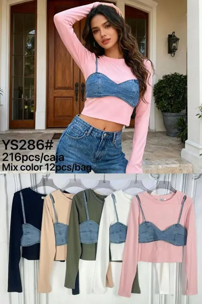 Top de manga larga con bralette de mezclilla-YS286