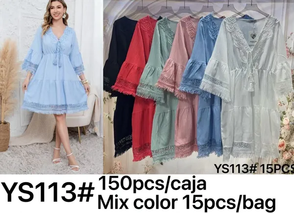 Vestido corto con cuello en V y detalles de encaje-YS113