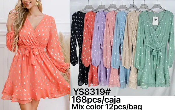 Vestido de manga larga con cuello en V y estampado de hojas-YS8319