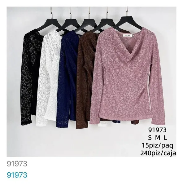 Blusa de encaje con cuello desbocado y manga larga-91973