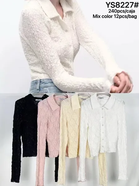 Camisa de manga larga texturizada con cuello y botones-YS8227