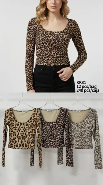 Top de manga larga con estampado de leopardo-KK31