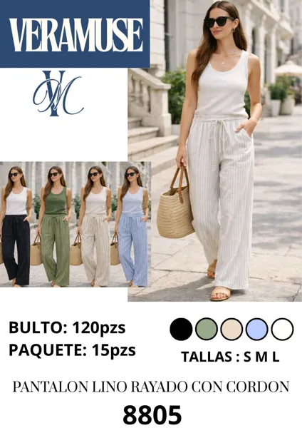 Pantalón Lino Rayado Con Cordón-8805