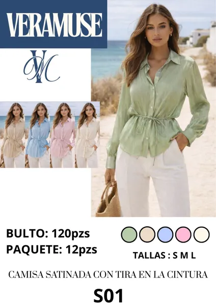 Camisa satinada con tira en la cintura-S01