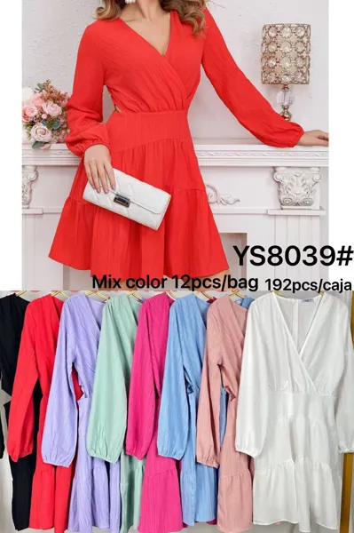 Vestido de escote en V con mangas largas-YS8039