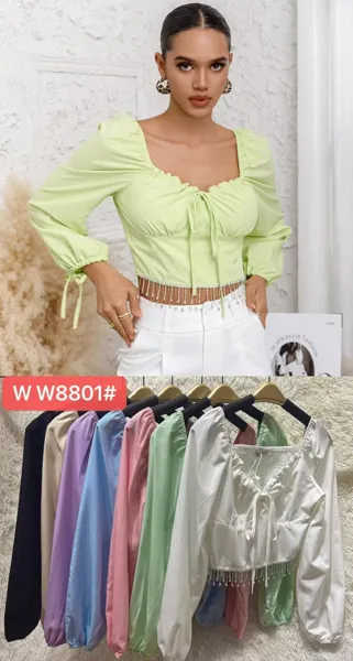 Blusa corta de manga larga con detalle de lazo-WW8801