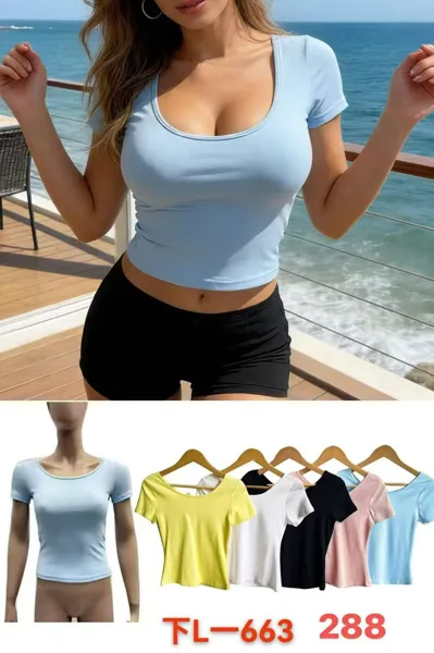 Blusa de manga corta con cuello redondo-FL-663