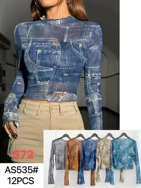 Blusa de malla con estampado de manga larga-AS535