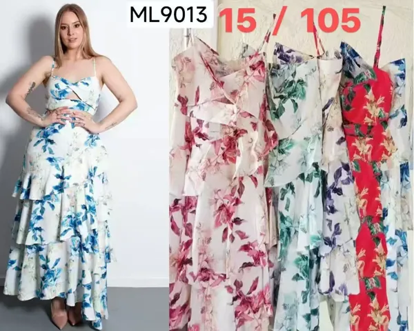 Vestido largo con estampado floral y volantes-ML9013