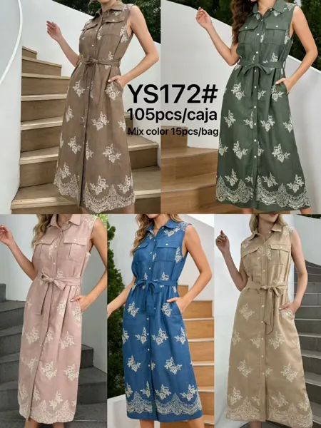 Vestido camisero sin mangas con cinturón y bordado floral-YS172
