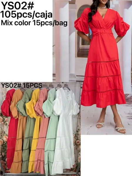Vestido midi escalonado con manga abullonada y cuello en V-YS02
