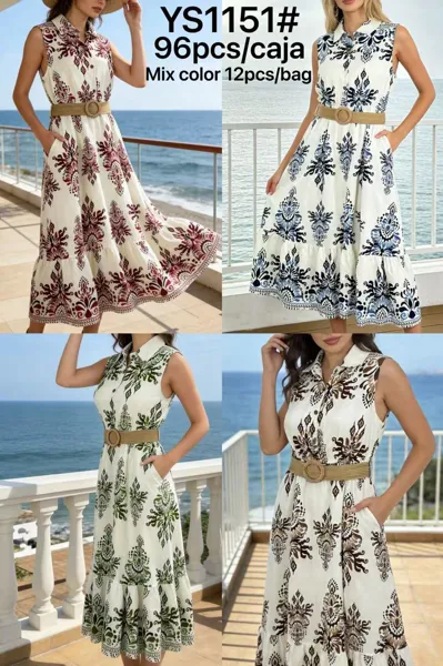 Vestido camisero largo sin mangas con estampado y cinturón-YS1151