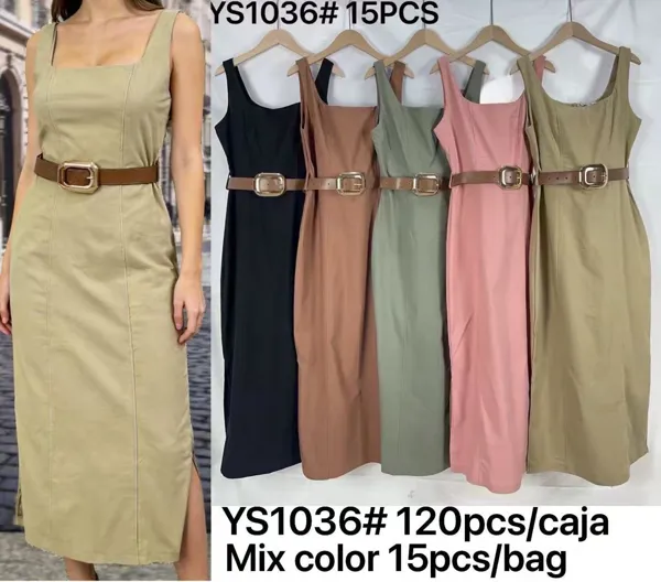 Vestido midi de tirantes con cinturón-YS1036