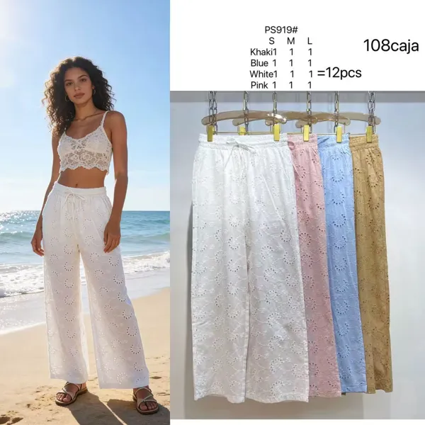 Pantalones anchos bordados de mujer-PS919