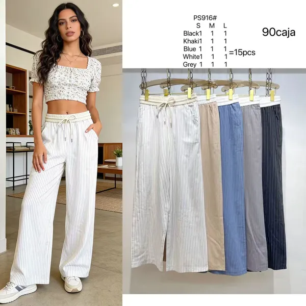 Pantalones de pierna ancha a rayas con cordón-PS916