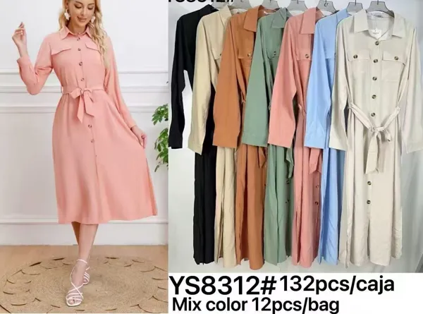 Vestido camisero de manga larga con cinturón y bolsillos-YS8312