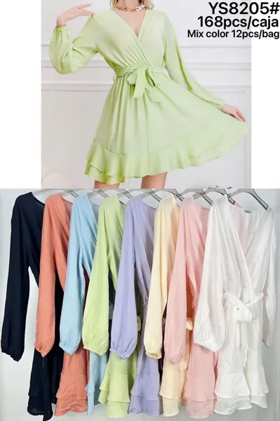 Vestido corto de manga larga con cuello en V y amarre en la cintura-YS8205
