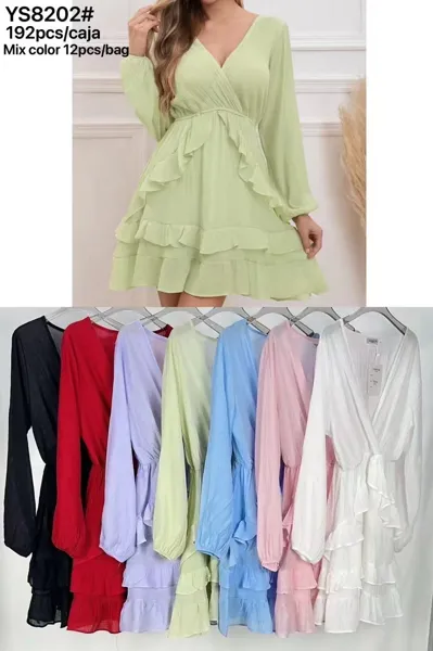 Vestido corto de mujer con volantes y cuello en V-YS8202