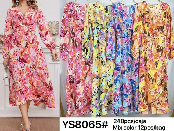 Vestido largo de mujer con estampado floral y volantes-YS8065