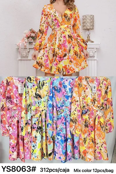 Vestido corto estampado con cuello en V y aberturas laterales-YS8063