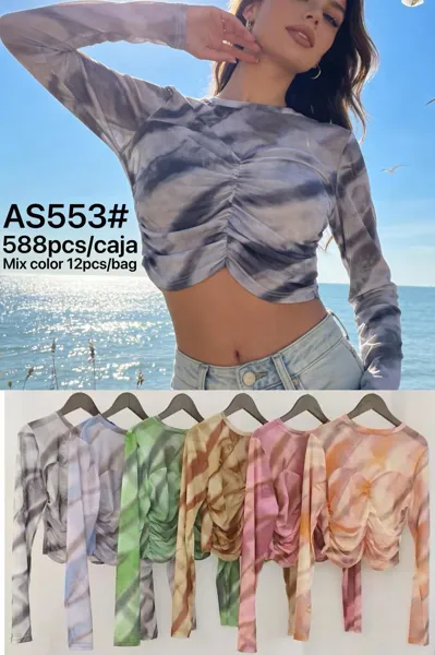 Playera Crop Top de Manga Larga con Estampado y Fruncido-AS553