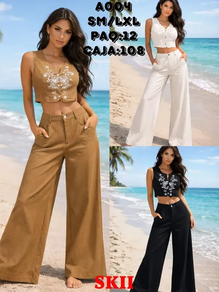 Conjunto de top crop sin mangas bordado y pantalón ancho-A004