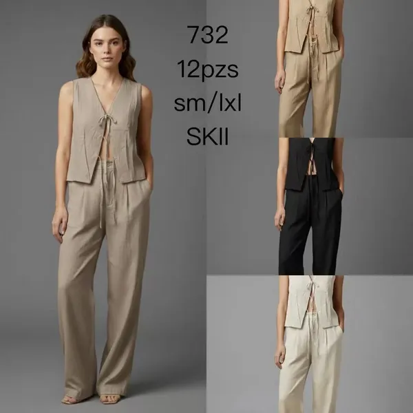 Conjunto de chaleco con lazo y pantalón ancho-732