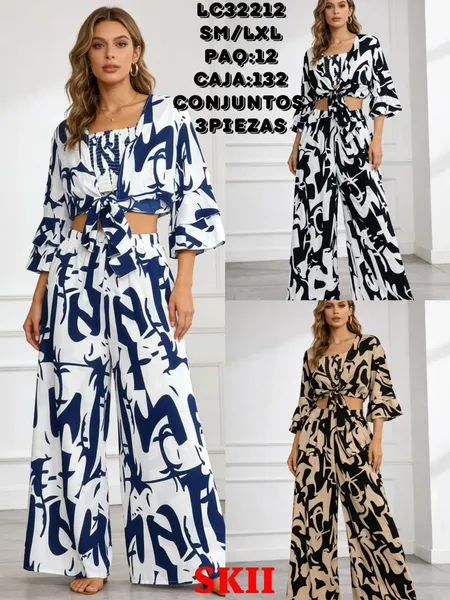 Conjunto de 3 piezas de top y pantalón ancho estampado-LC32212