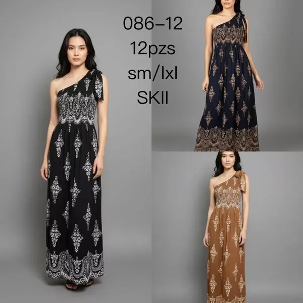 Vestido maxi de un hombro con detalle fruncido y estampado-086-12