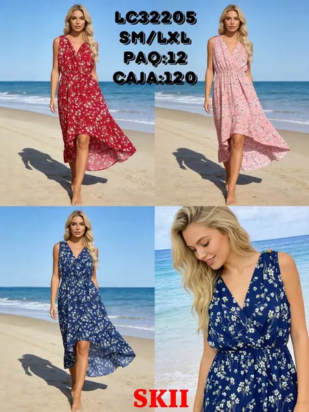 Vestido largo floral con cuello en V-LC32205